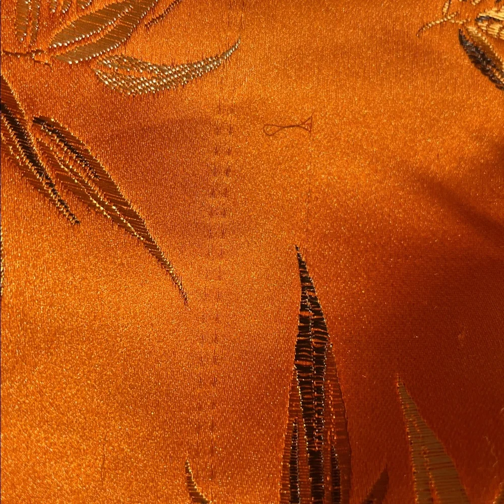 Oriental Orange Kimono Robe with Belt and Gold,Copper,Brown Leaf Pattern OS